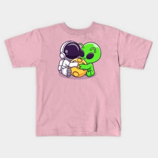 Cute Astronaut And Alien Hug Moon Cartoon Kids T-Shirt